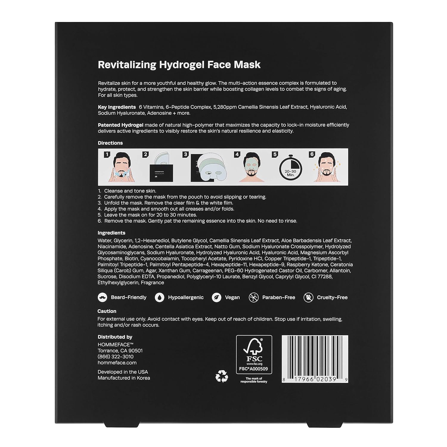 HommeFace men's 5ct hydrogel facial mask set with hyaluronic acid and peptides for hydrating and anti-aging skincare