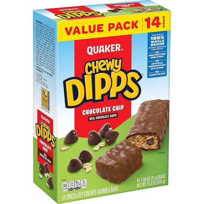 Quaker Chewy Dipps Granola Bars, Chocolate Chip, 14 Count, 1.09 oz, 100% Whole Grains, No Artificial Preservatives