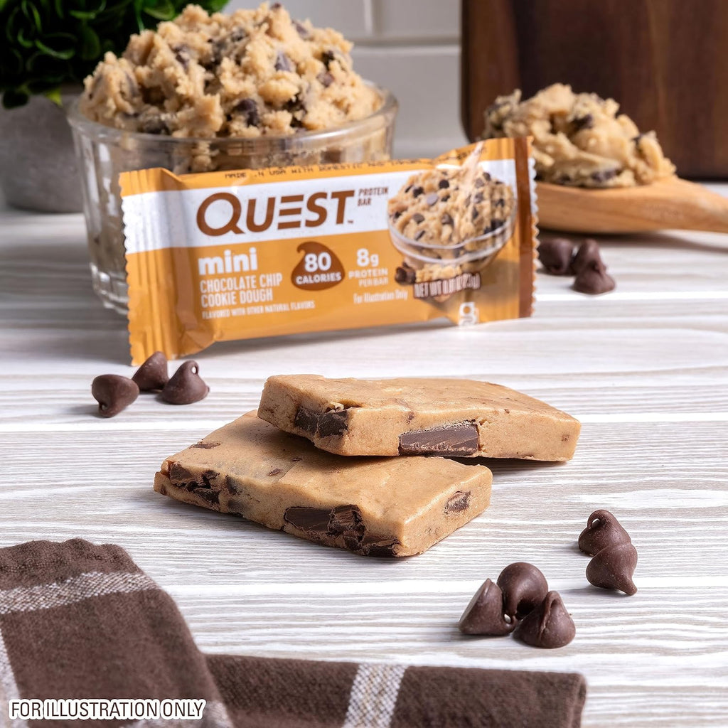 quest nutrition mini chocolate chip cookie dough protein bars 1g sugar 8g protein gluten free 14 count