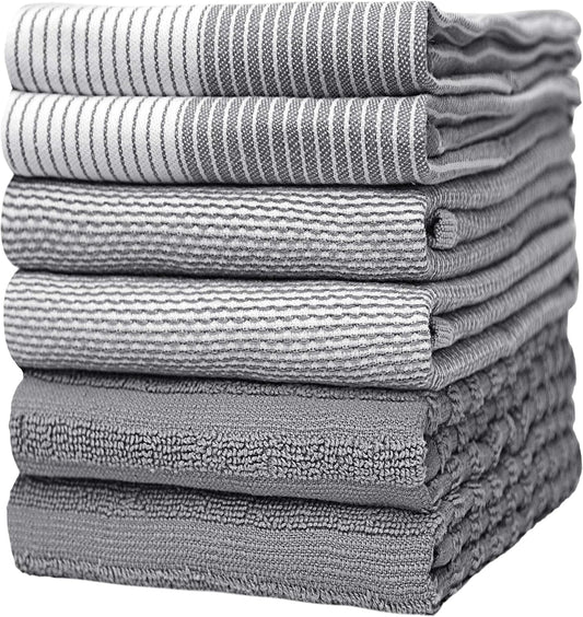 Premium Kitchen Towels (20”x 28”, 6 Pack) | Large Cotton Dish Towels | Flat & Terry Highly Absorbent Kitchen Linen Set with Hanging Loop | Gray