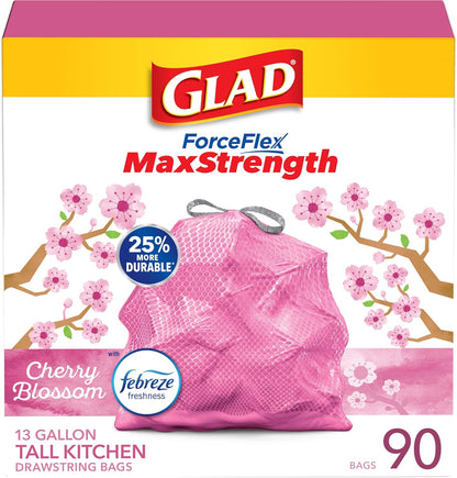 glad tall kitchen trash bags 13 gallon maxstrength cherry blossom scent garbage bags with drawstring 90 count for everyday household use