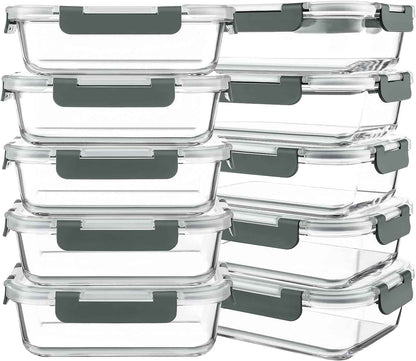 KOMUEE 10-Pack 30oz Glass Meal Prep Containers with Lids, Airtight Food Storage, Microwave, Freezer, and Dishwasher Safe